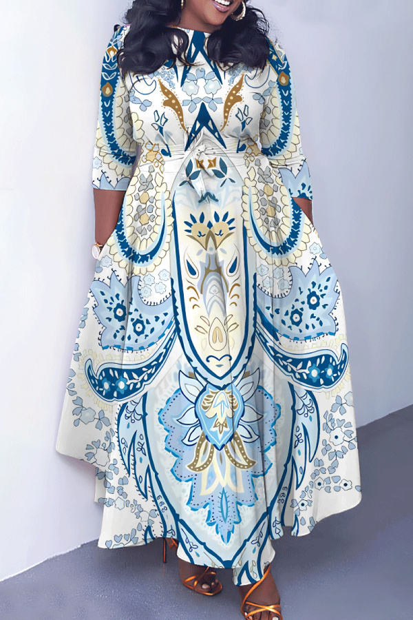 Blue White Casual African Figure Print O Neck 3/4 Sleeve Belted Pockets Long Vacation Pleated Maxi Dresses