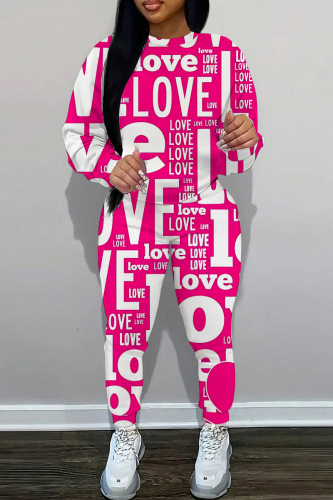 Gray Letter Love Print Long Sleeve O Neck Sweatshirt And Drawstring Pants Sportwear Casual Two Pieces Sweatpant Set
