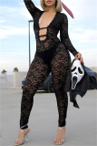 Black Deep V Neck Long Sleeve See-Through One Piece Bodysuit Lace Bodycon Jumpsuits
