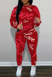 Gray Letter Love Print Long Sleeve O Neck Sweatshirt And Drawstring Pants Sportwear Casual Two Pieces Sweatpant Set