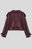 Reddish Brown Cardigan Turndown Collar Long Sleeve Casual PU Leather Jackets
