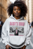 White Pink Letter Figure Print Long Sleeve Loose Fall Winter Hooded Sweatshit