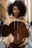 Brown African Figure Print Long Sleeve Loose Fall Winter Hooded Sweatshit