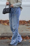Blue Mid Waist Straight Casual Straight Leg Distressed Denim Jeans