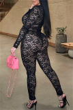 Black Deep V Neck Long Sleeve See-Through One Piece Bodysuit Lace Bodycon Jumpsuits