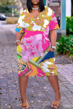 Red Casual Floral Print V Neck Short Sleeve Pocket Loose Midi T-shirt Dress