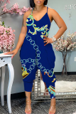 Dark Blue Vacation Loose Casual Graphics Print Backless Spaghetti Strap Cami Jumpsuits