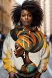 Brown African Figure Print Long Sleeve Loose Fall Winter Hooded Sweatshit