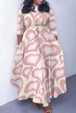 Red Bean Paste Casual Love Print O Neck 3/4 Sleeve Belted Pockets Long Vacation Pleated A Line Maxi Dresses