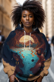 Brown African Figure Print Long Sleeve Loose Fall Winter Hooded Sweatshit