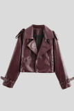 Reddish Brown Cardigan Turndown Collar Long Sleeve Casual PU Leather Jackets