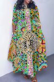 Blue White Casual African Figure Print O Neck 3/4 Sleeve Belted Pockets Long Vacation Pleated Maxi Dresses