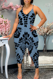 Dark Blue Vacation Loose Casual Graphics Print Backless Spaghetti Strap Cami Jumpsuits