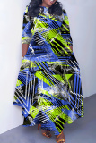 Blue White Casual African Figure Print O Neck 3/4 Sleeve Belted Pockets Long Vacation Pleated Maxi Dresses