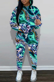 Light Bue Graphics Print Long Sleeve Hooded Sweatshirts and Drawstring Pants Two Pieces Sportwear Casual Sweatsuits Sets