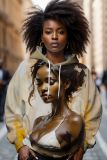 Brown African Figure Print Long Sleeve Loose Fall Winter Hooded Sweatshit
