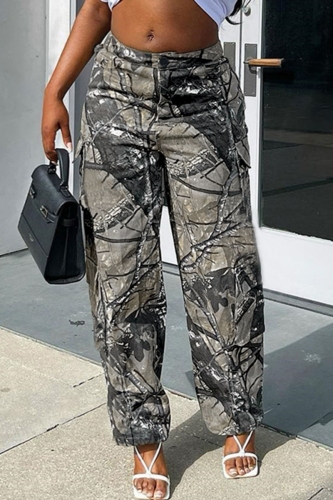 Multicolor Casual Graphics Print Pocket Straight High Waist Cargo Pants