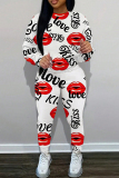 Gray Letter Love Print Long Sleeve O Neck Sweatshirt And Drawstring Pants Sportwear Casual Two Pieces Sweatpant Set