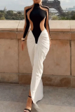Black White Colorblock Long Sleeve Turtleneck Slit Cut Out Formal Evening Party Prom Ruched Maxi Dress