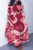 Red Bean Paste Casual Love Print O Neck 3/4 Sleeve Belted Pockets Long Vacation Pleated A Line Maxi Dresses