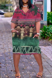 Red Casual Floral Print V Neck Short Sleeve Pocket Loose Midi T-shirt Dress