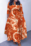 Blue White Casual African Figure Print O Neck 3/4 Sleeve Belted Pockets Long Vacation Pleated Maxi Dresses
