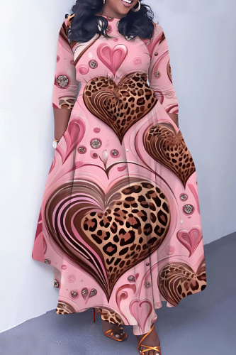 Red Bean Paste Casual Love Print O Neck 3/4 Sleeve Belted Pockets Long Vacation Pleated A Line Maxi Dresses