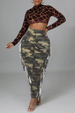 Yellow Camouflage Print Fringed Trim High Waist Casual Pencil Skinny Pants