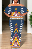 White National Totem Print Off Shoulder Flutter Sleeve Long Loose Vacation Plus Size Maxi Dresses