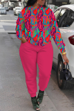 Rose Red Casual Graphcis Print O Neck Long Sleeve Sweatshirt And Skinny Pants Sportwear Matching Sweatsuit Set