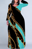 Glod Chain Print Crewneck Long Sleeve Floor Length Vacation Casual Baggy Maxi Dress