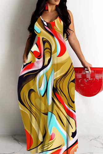 Blue Graphics Print Backless Spaghetti Strap Floor Length Vacation Baggy Plus Size Sundress Slip Maxi Dress