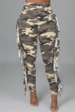 Yellow Camouflage Print Fringed Trim High Waist Casual Pencil Skinny Pants