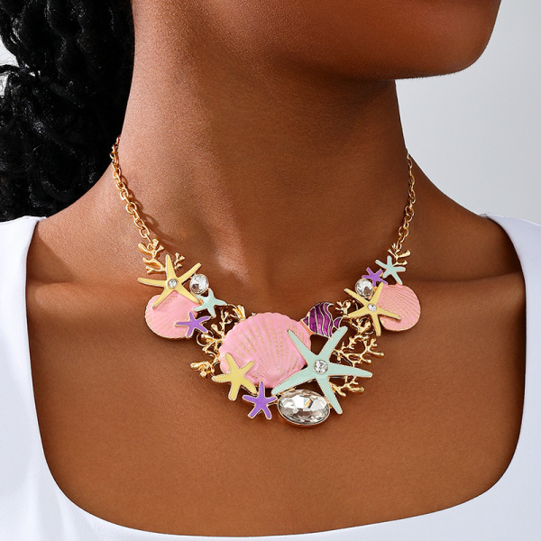 Gold Floral Rhinestone Shell Starfish Chains Necklaces
