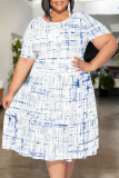 Light Purple Floral Polka Dot Stripe Print O Neck Short Sleeve Ruffle Hem Casual Vacation Plus Size Midi T-shirt Dresses