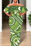 Green Geometric Print Off Shoulder Ruffle Sleeve Casual Outing Plus Size Vacation Loose Fit Maxi Dresses