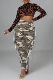 Yellow Camouflage Print Fringed Trim High Waist Casual Pencil Skinny Pants