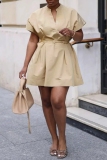 Camel V Neck Short Sleeve With Belt Casual Formal Office Lady Mini Dress