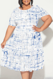 Light Purple Floral Polka Dot Stripe Print O Neck Short Sleeve Ruffle Hem Casual Vacation Plus Size Midi T-shirt Dresses