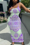 Rose Red Graphics Print Sleeveless Backless Spaghetti Strap Square Neck Vacation Bodycon Maxi Slip Dress