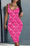Dark Pink Barbie Print Sleeveless U Neck Knee Length Bodycon Pencil Tank Midi Dress