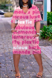 Black Pink Graphics Print V Neck Short Sleeve Loose Pockets Straight Casual Midi T-Shirt Dress