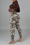 Yellow Camouflage Print Fringed Trim High Waist Casual Pencil Skinny Pants