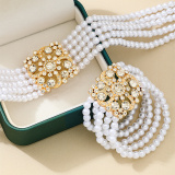 White Pearls Decor Rhinestone Decor Necklaces Bracelet Casual Two Piece Set