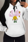 White Pink Cartoon Animal Print Long Sleeve Draw String Pocket Casual Fall Winter Hooded Sweatshirt