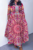 Red Casual Graphics Print O Neck 3/4 Sleeve Belted Pockets Long Vacation Pleated A Line Maxi Dresses