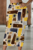 Blue Orange Geometric Print High Waist Casual Skinny Maxi Skirt