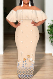 Green Geometric Print Off Shoulder Ruffle Sleeve Casual Outing Plus Size Vacation Loose Fit Maxi Dresses