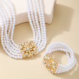 White Pearls Decor Rhinestone Decor Necklaces Bracelet Casual Two Piece Set