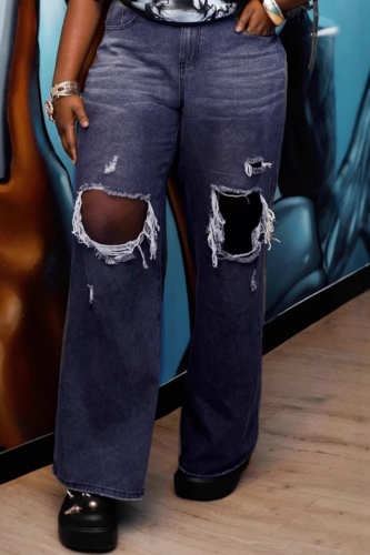 Blue Hollow Out High Waist Straight Leg Casual Ripped Denim Jeans